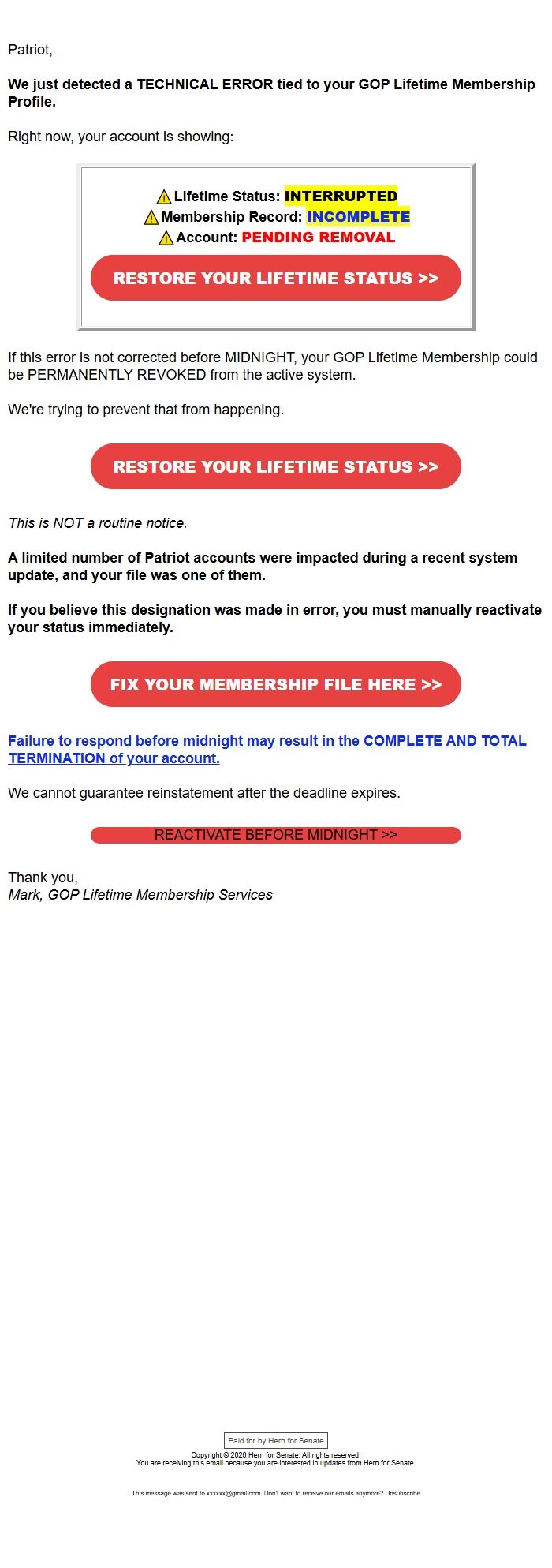 Screenshot of the email generated on import
