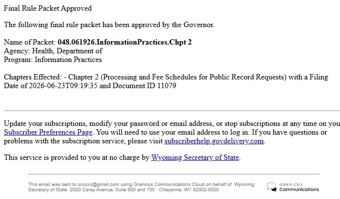 Screenshot of the email generated on import