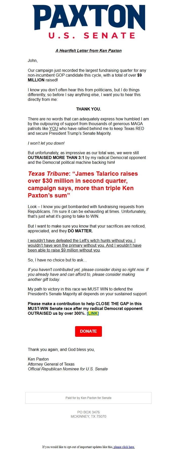 Screenshot of the email generated on import