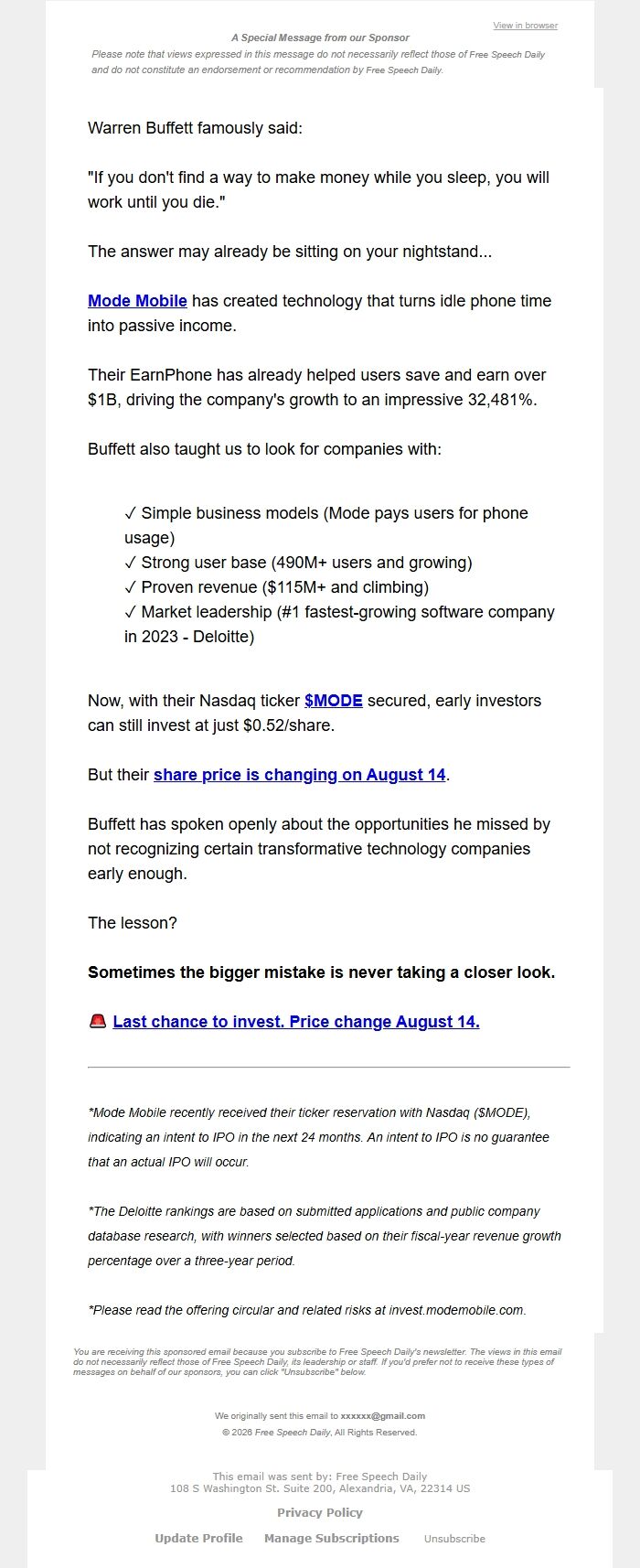 Screenshot of the email generated on import