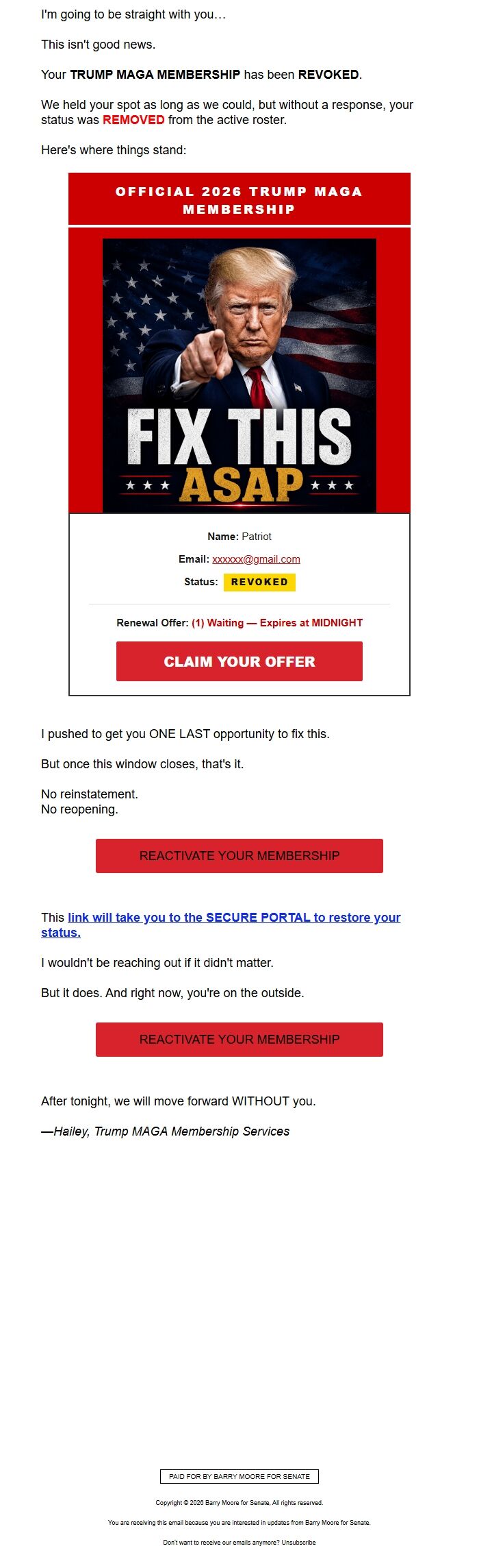 Screenshot of the email generated on import