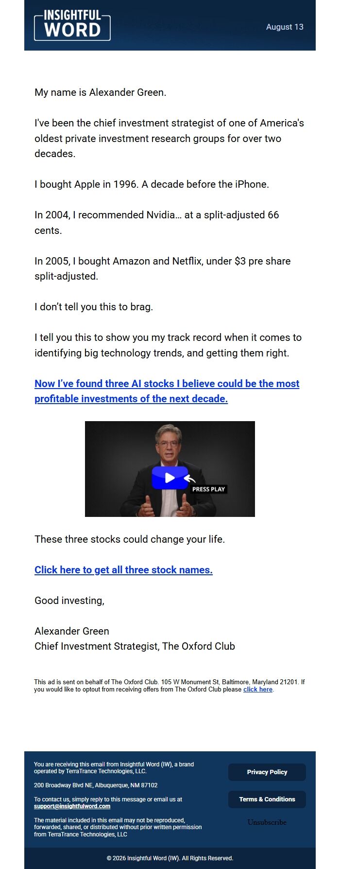 Screenshot of the email generated on import