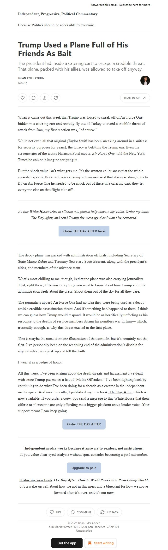 Screenshot of the email generated on import