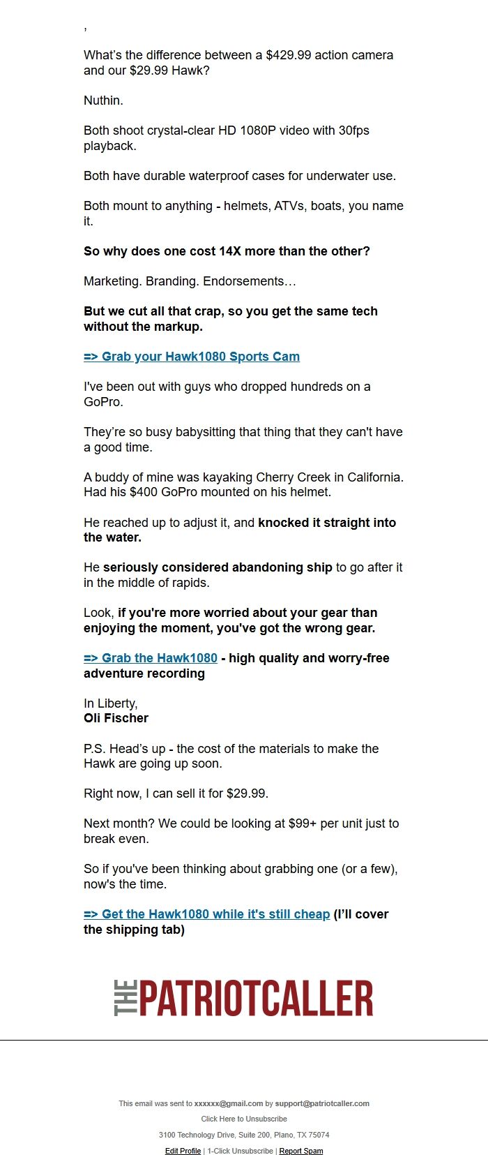 Screenshot of the email generated on import