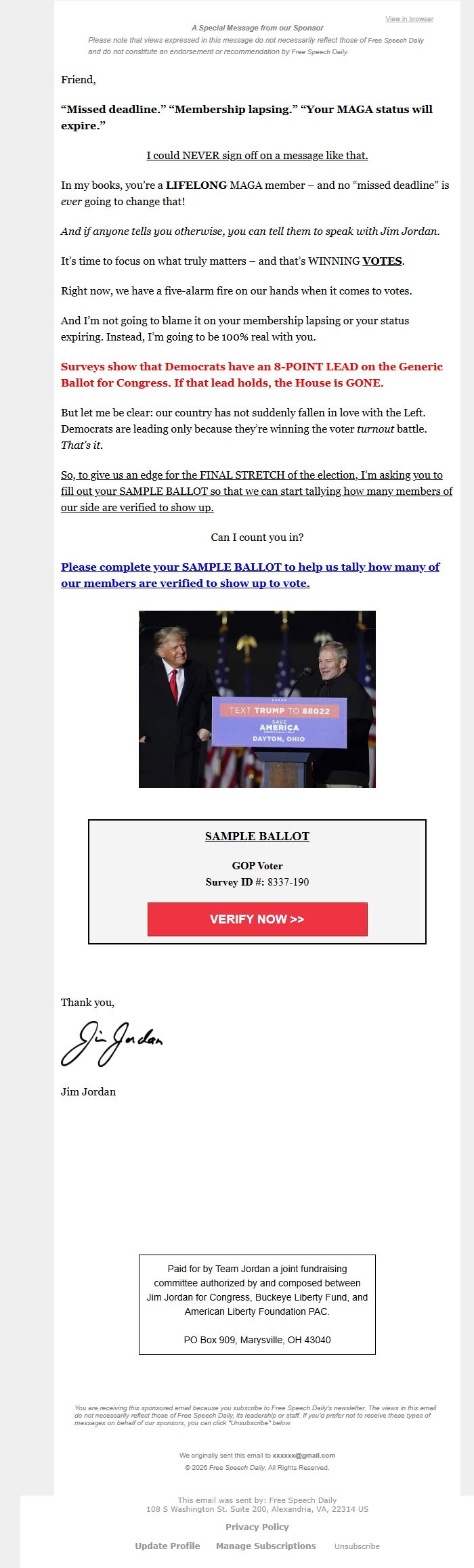 Screenshot of the email generated on import
