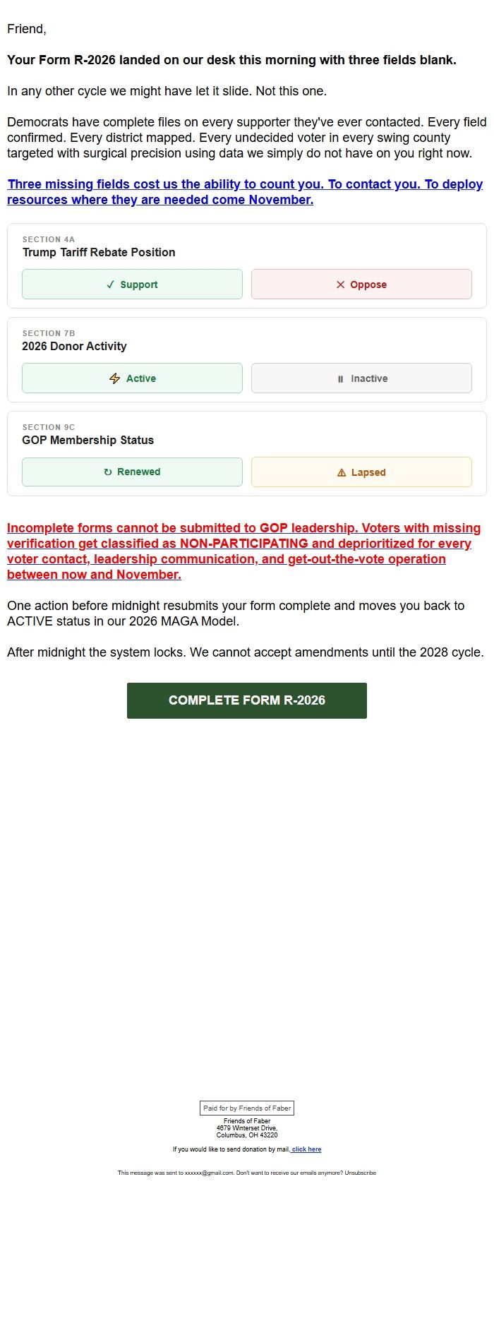 Screenshot of the email generated on import