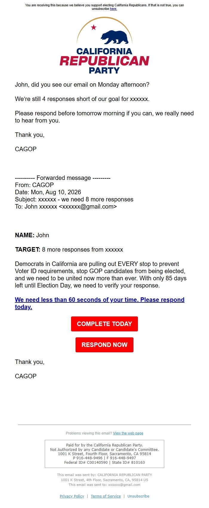 Screenshot of the email generated on import