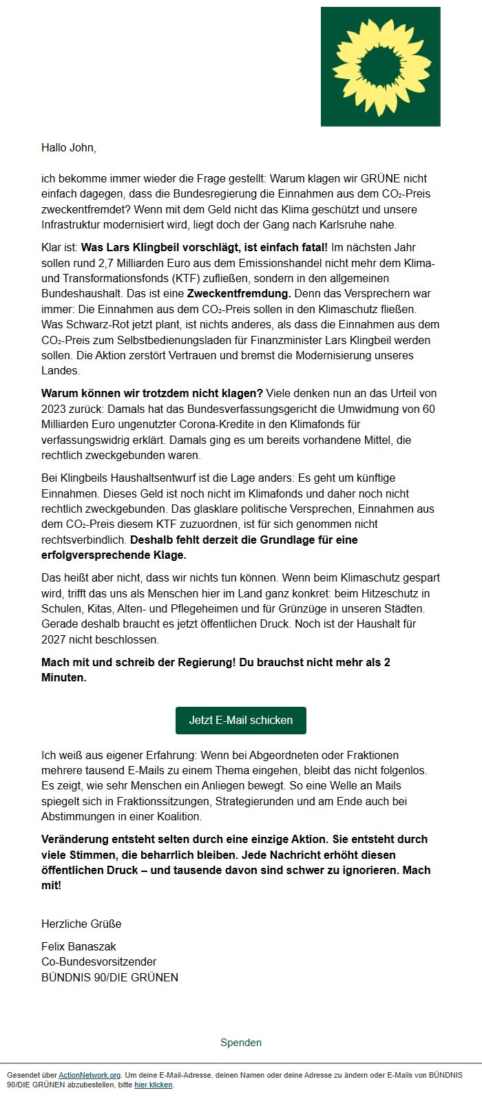 Screenshot of the email generated on import