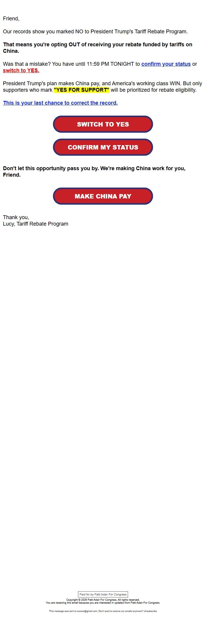 Screenshot of the email generated on import