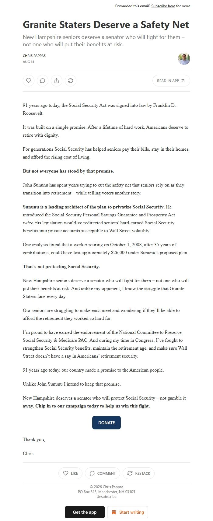 Screenshot of the email generated on import