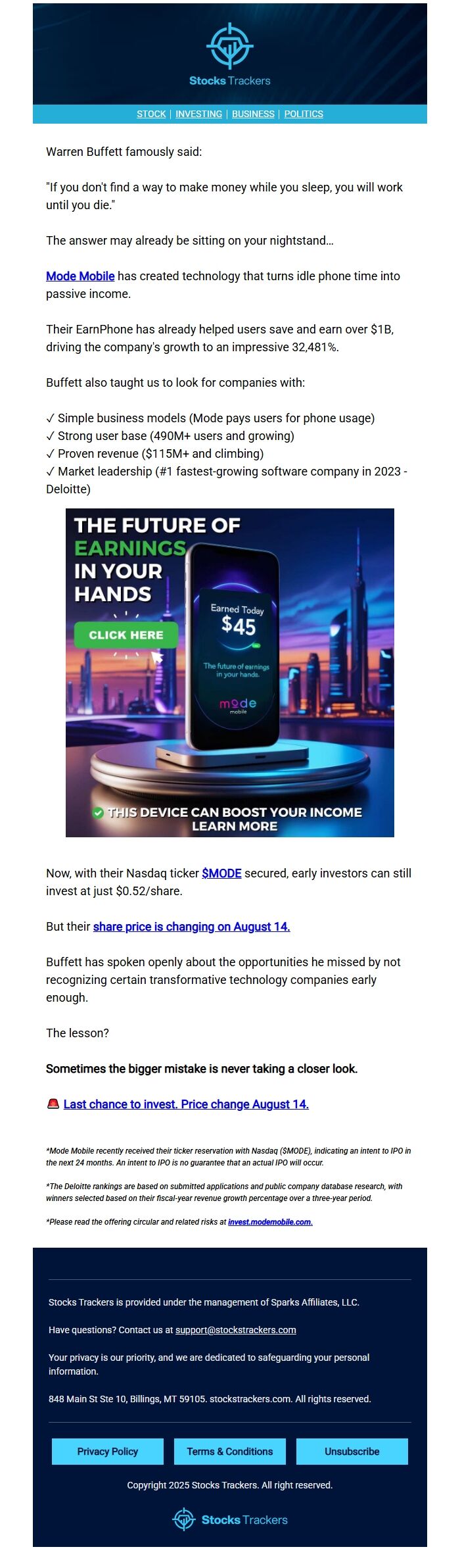 Screenshot of the email generated on import