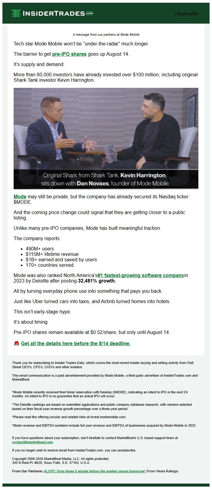 Screenshot of the email generated on import