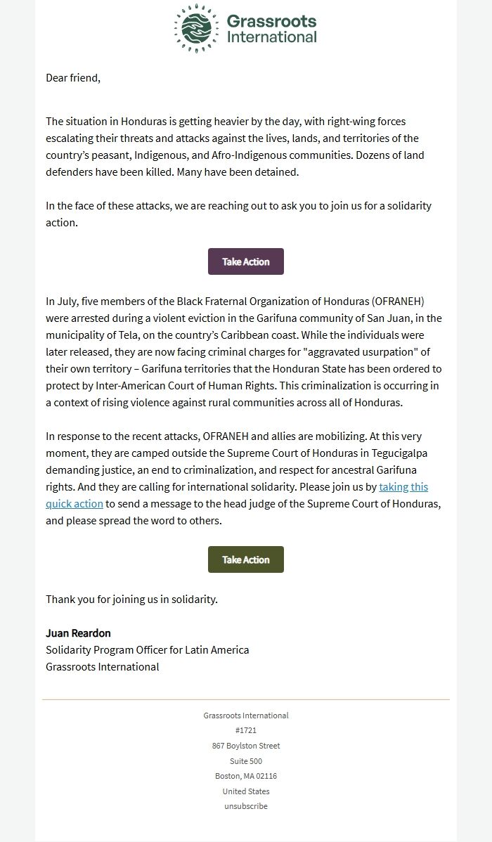 Screenshot of the email generated on import
