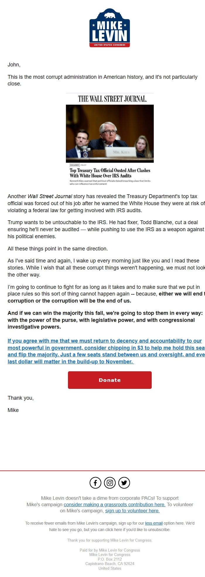 Screenshot of the email generated on import
