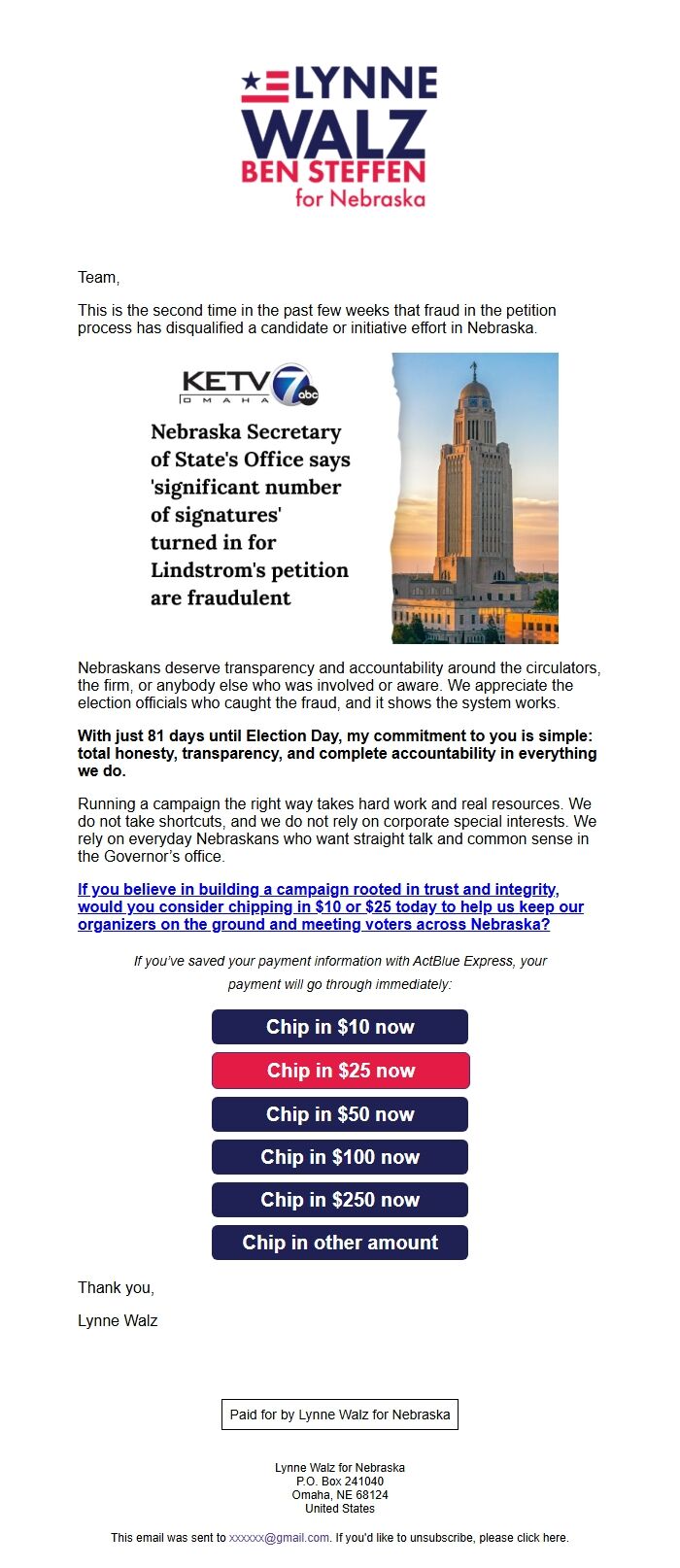 Screenshot of the email generated on import
