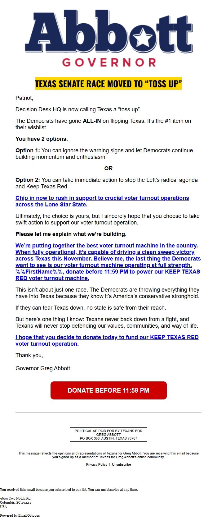 Screenshot of the email generated on import
