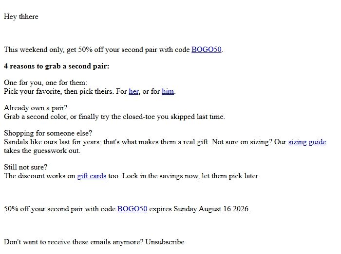 Screenshot of the email generated on import