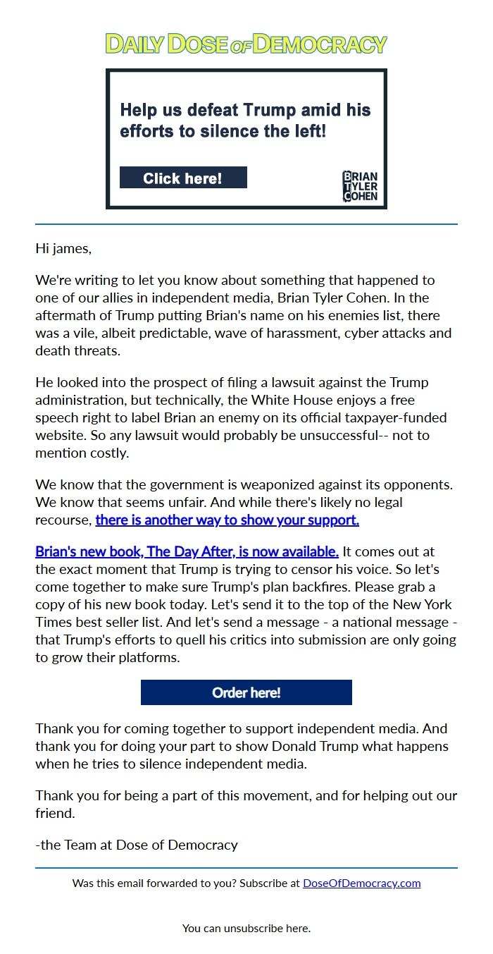 Screenshot of the email generated on import
