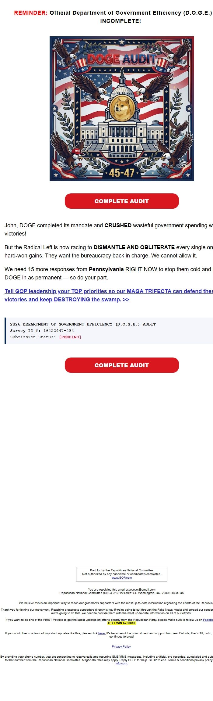 Screenshot of the email generated on import