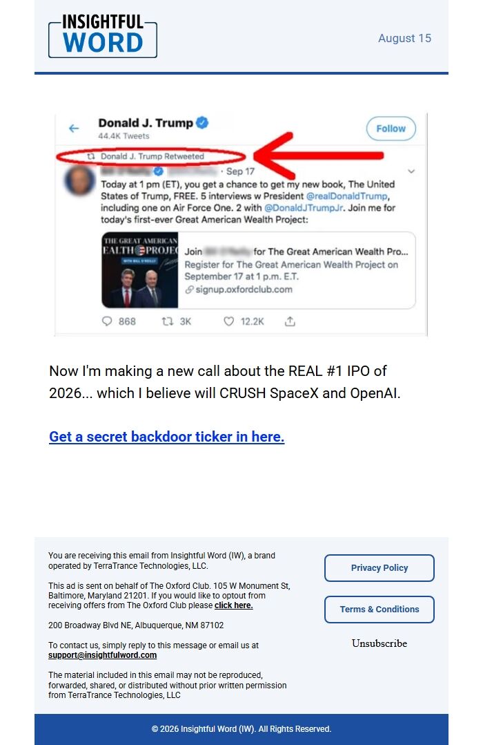 Screenshot of the email generated on import