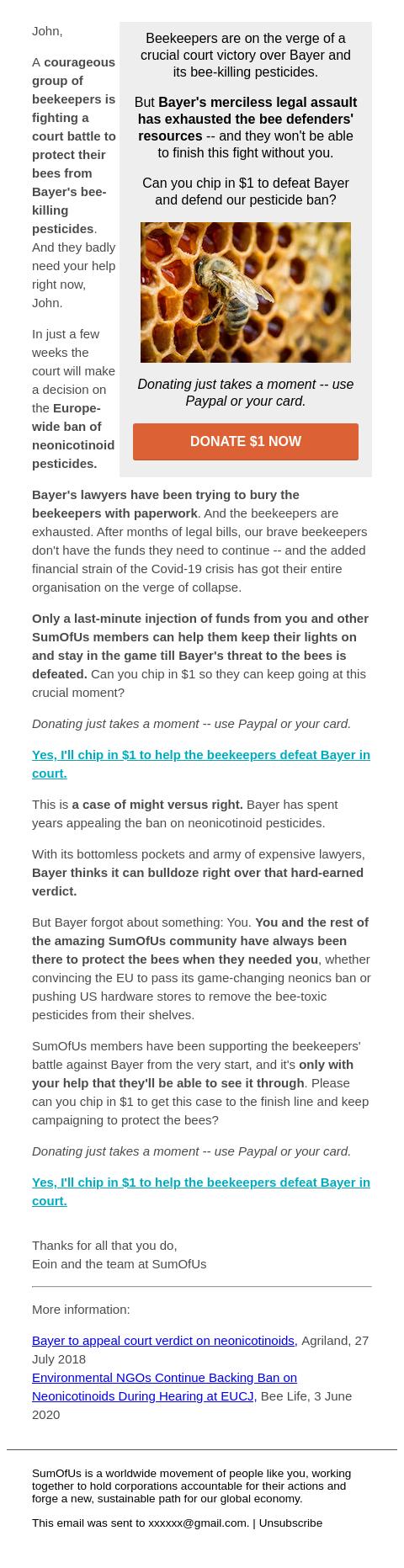 Screenshot of the email generated on import