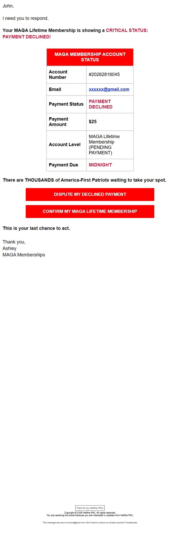 Screenshot of the email generated on import