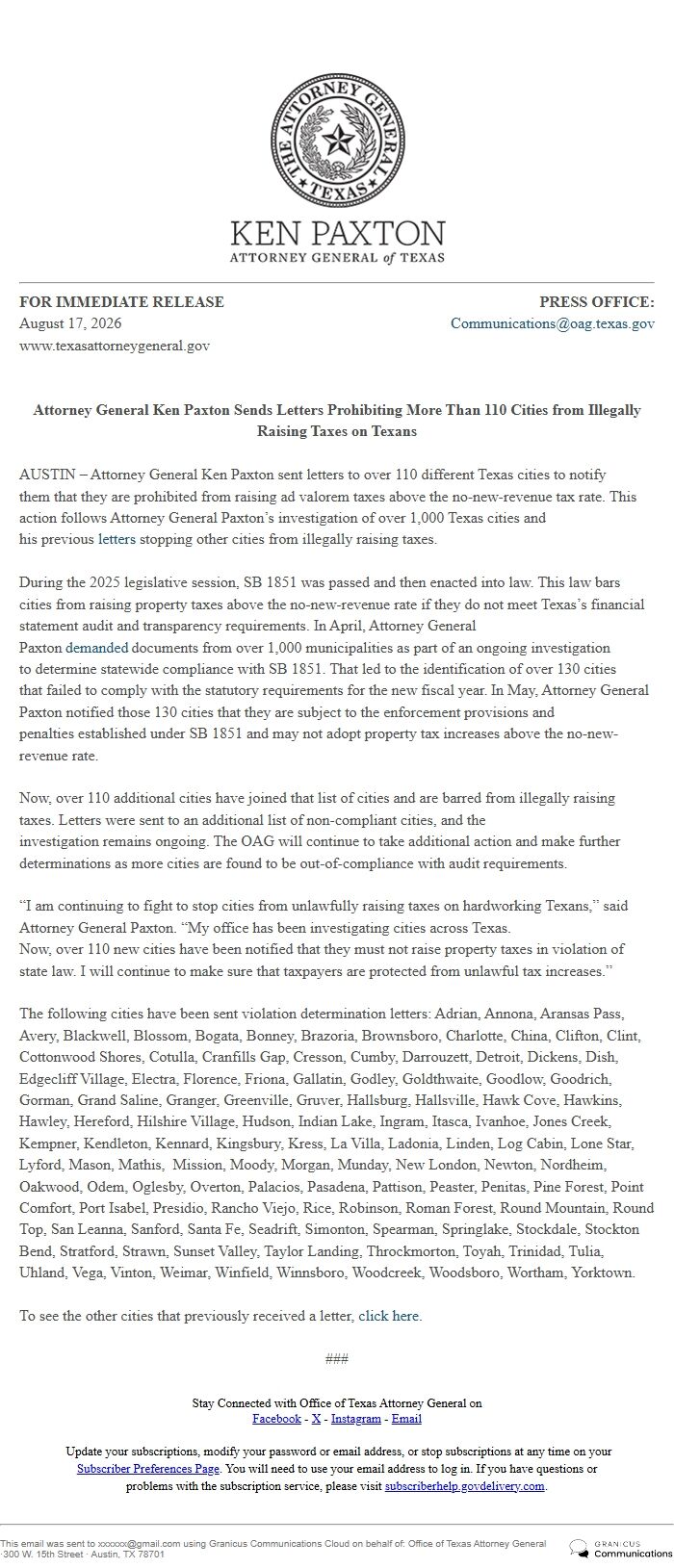 Screenshot of the email generated on import