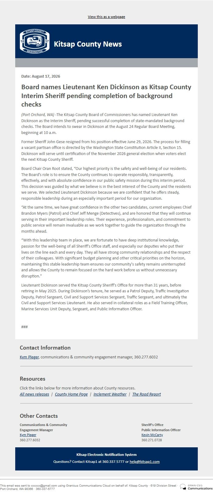 Screenshot of the email generated on import
