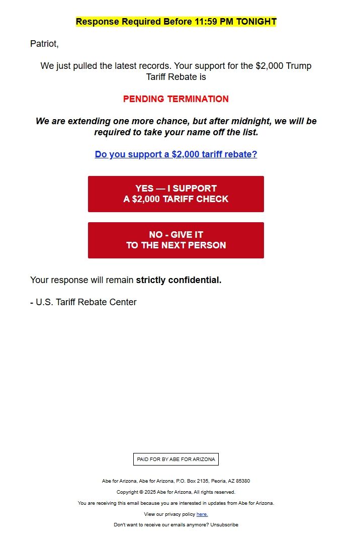 Screenshot of the email generated on import