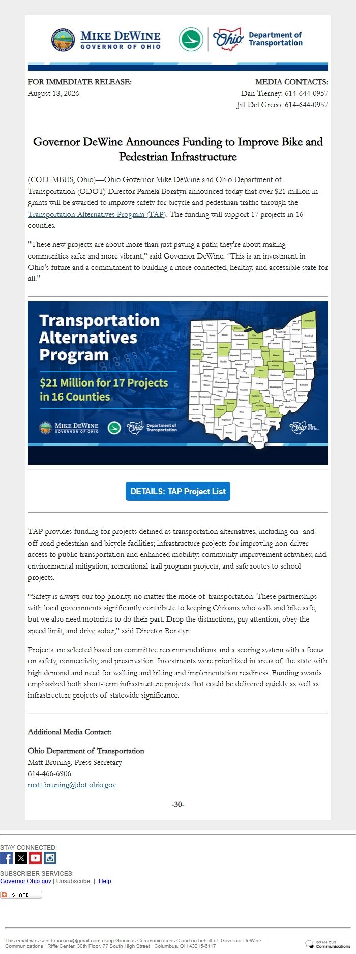Screenshot of the email generated on import