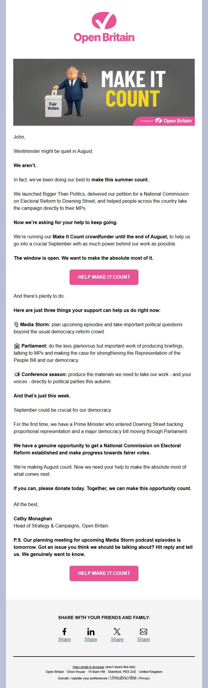 Screenshot of the email generated on import