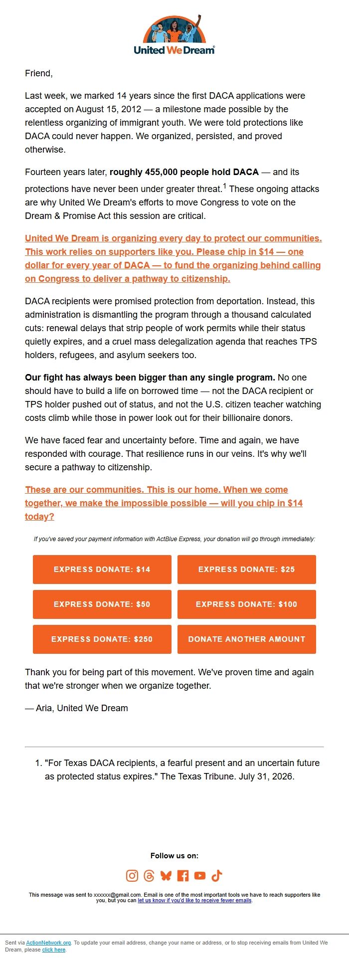 Screenshot of the email generated on import