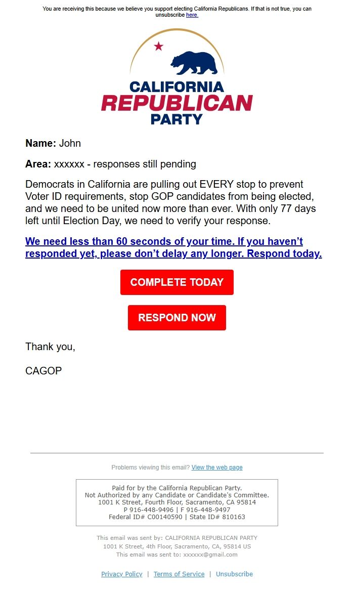 Screenshot of the email generated on import