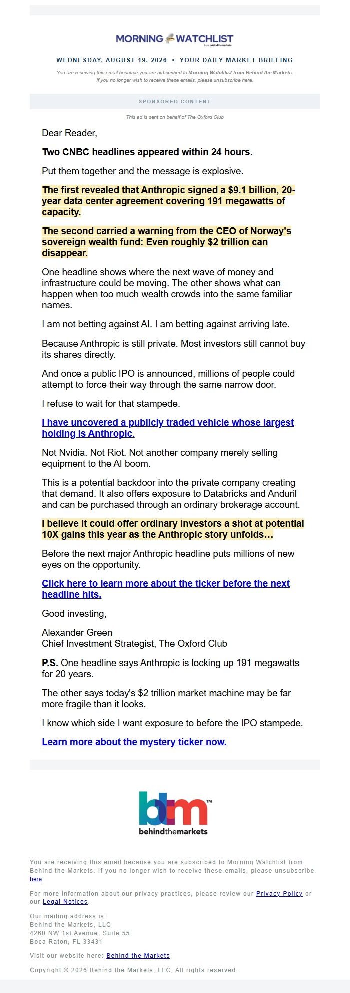Screenshot of the email generated on import