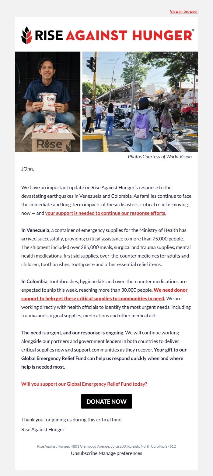 Screenshot of the email generated on import