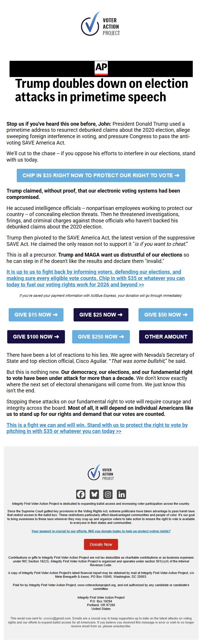 Screenshot of the email generated on import