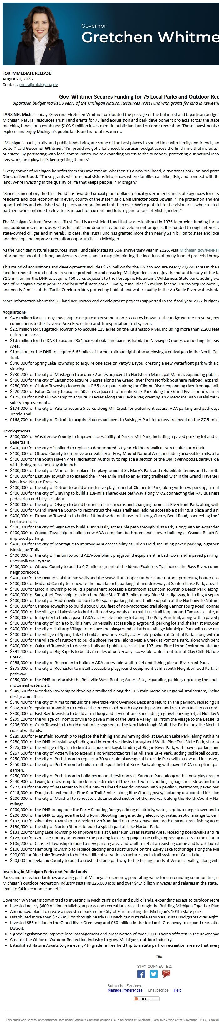 Screenshot of the email generated on import