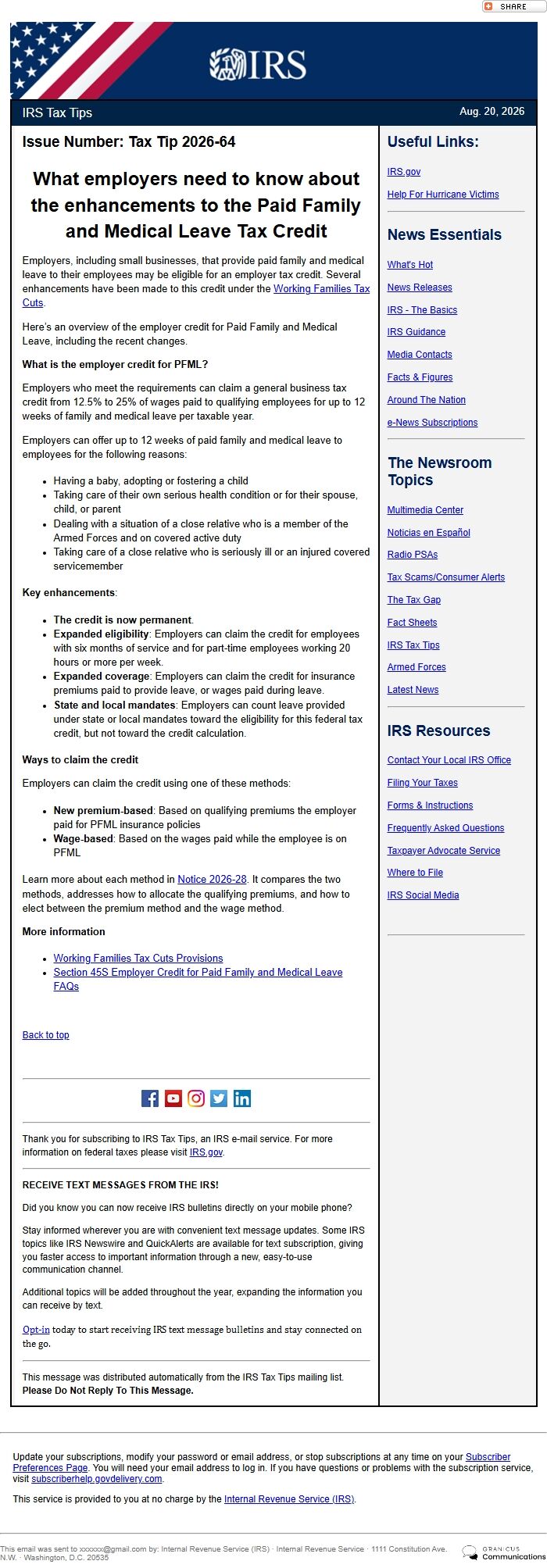 Screenshot of the email generated on import