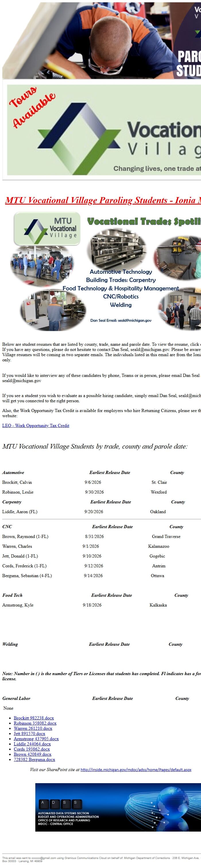 Screenshot of the email generated on import