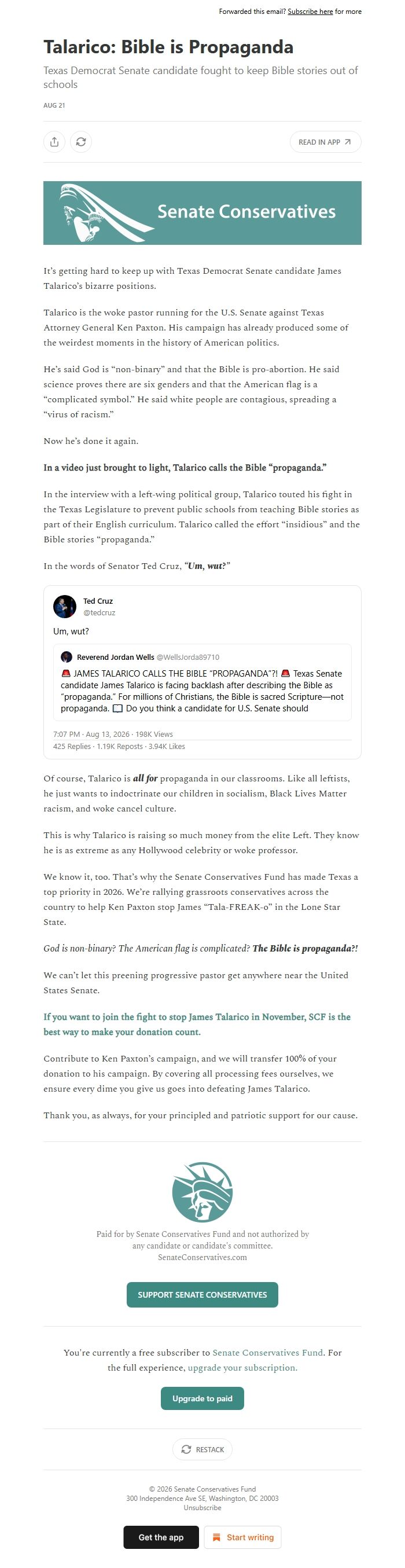 Screenshot of the email generated on import