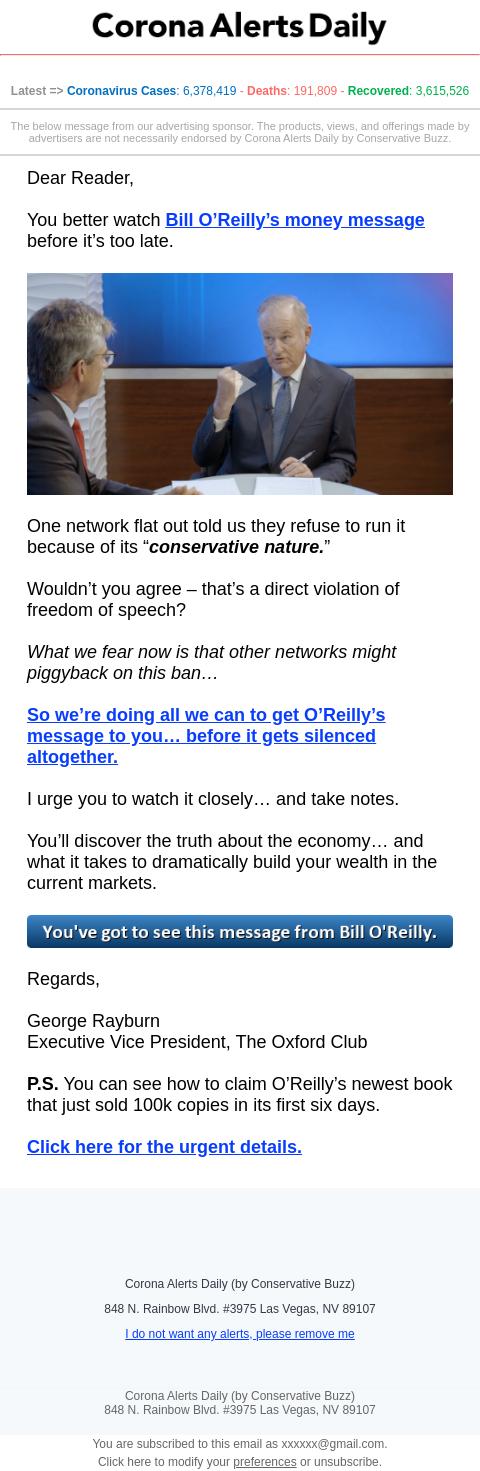 Screenshot of the email generated on import