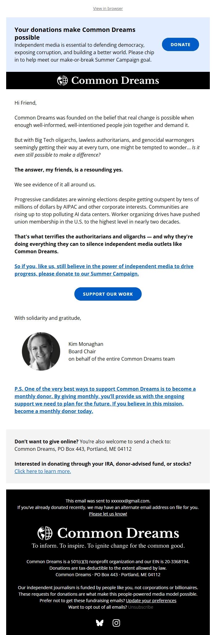 Screenshot of the email generated on import