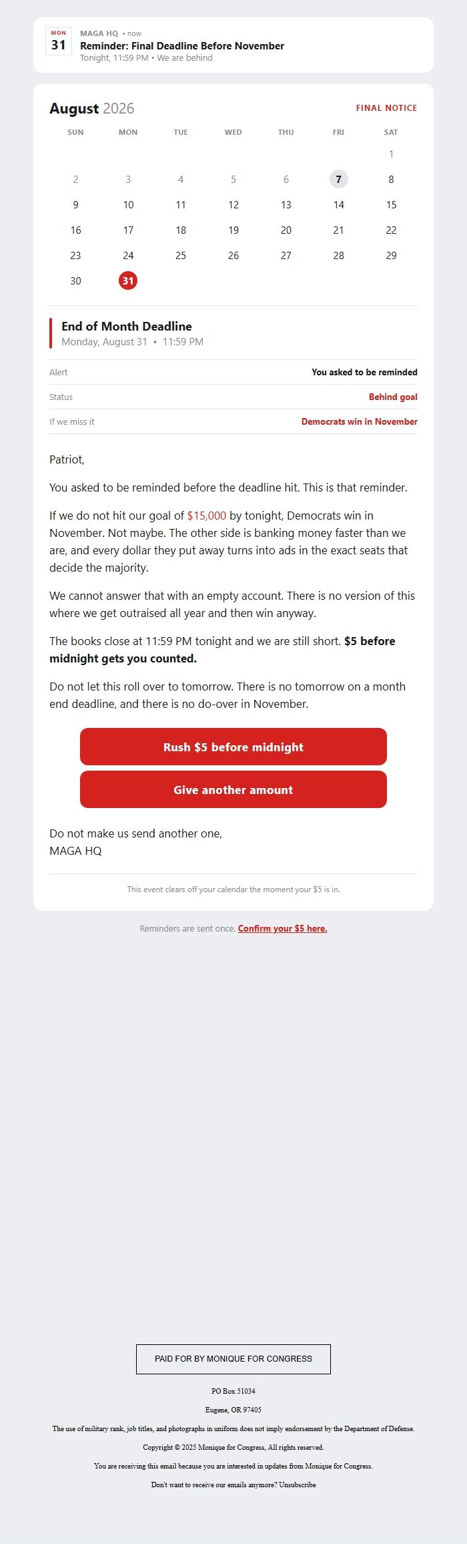 Screenshot of the email generated on import