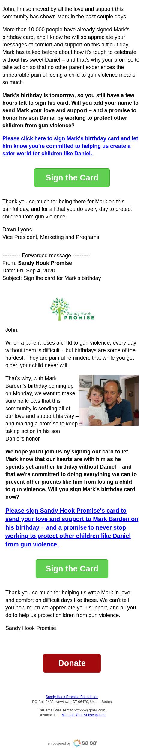 Screenshot of the email generated on import