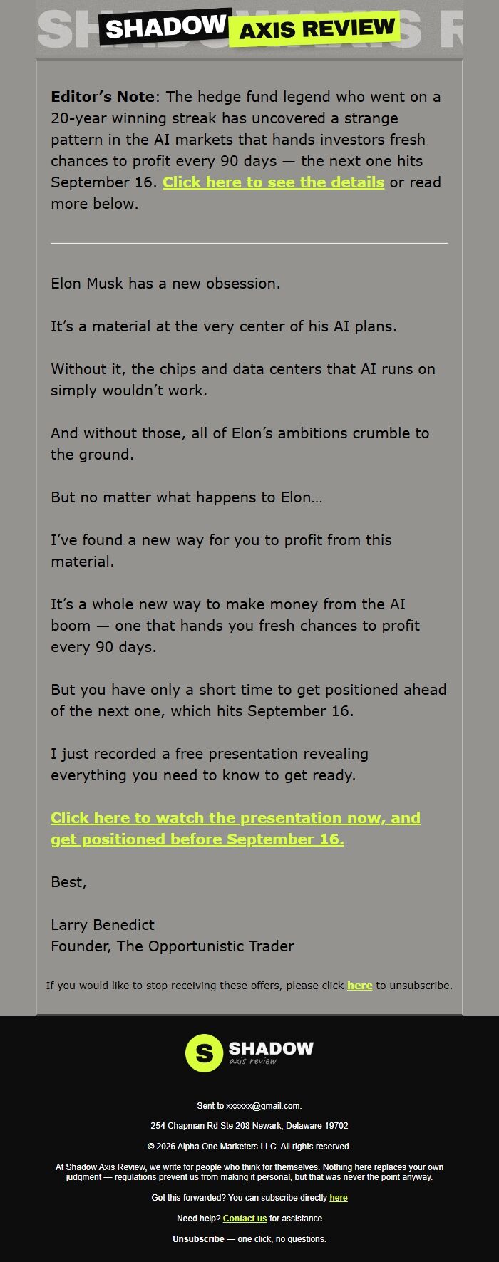 Screenshot of the email generated on import