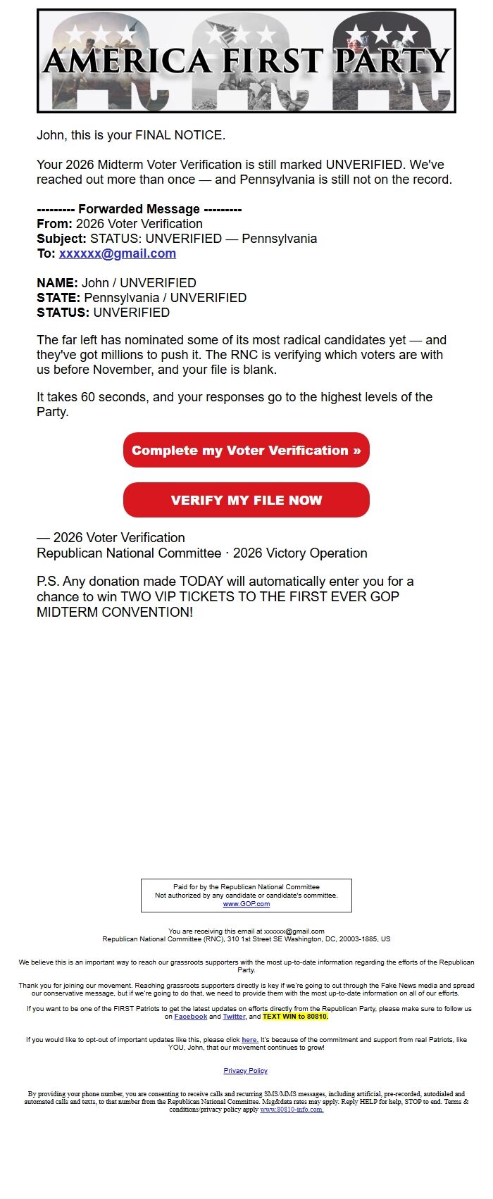 Screenshot of the email generated on import