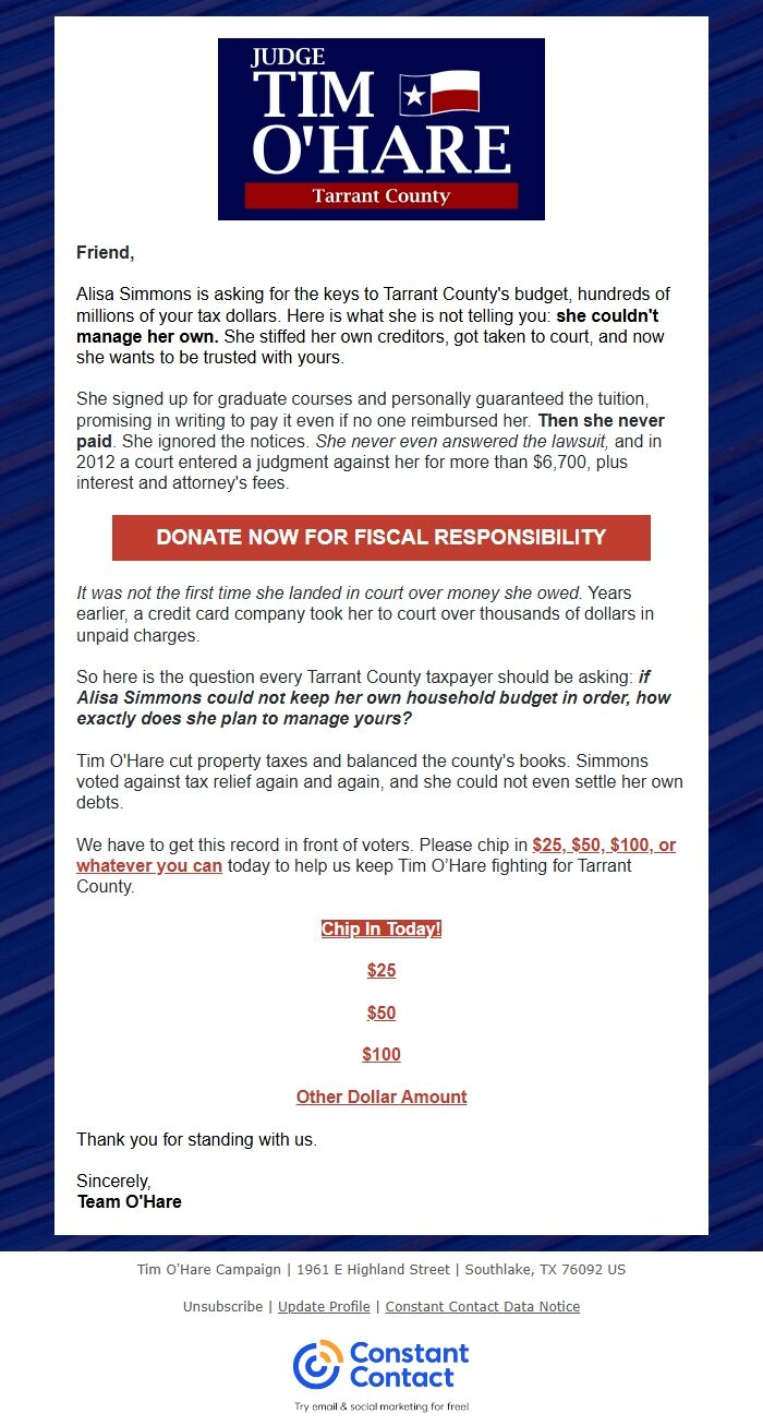 Screenshot of the email generated on import