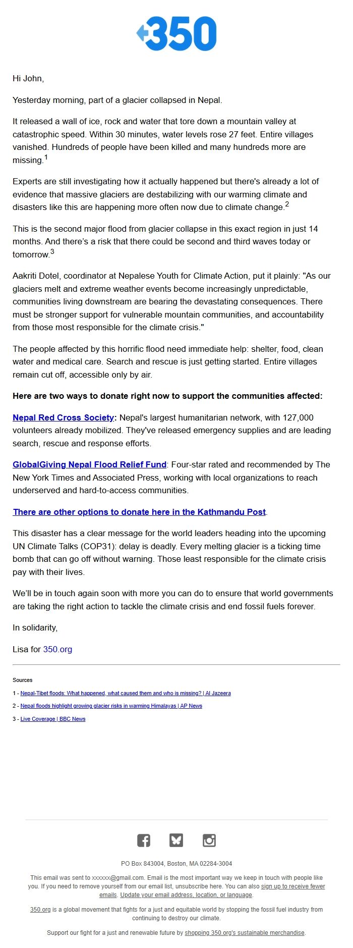 Screenshot of the email generated on import