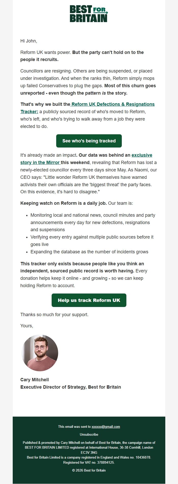 Screenshot of the email generated on import