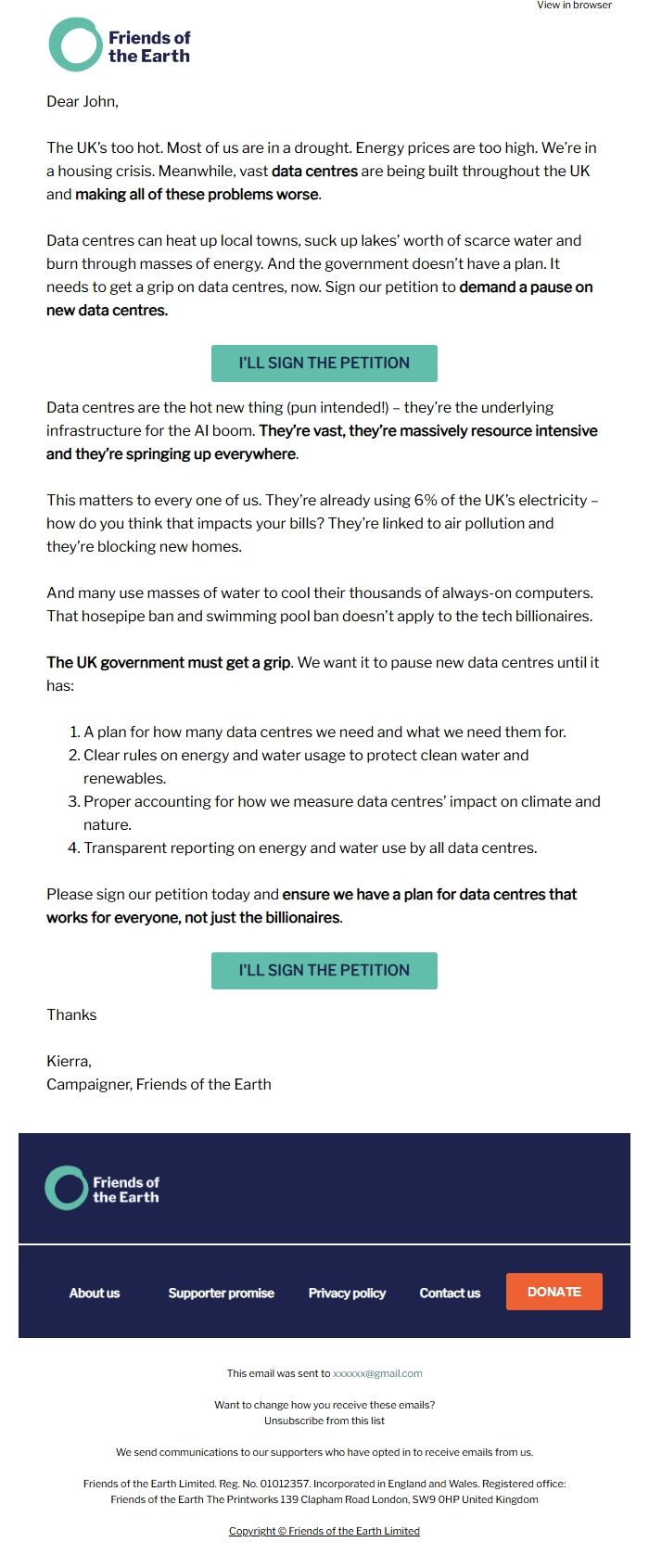 Screenshot of the email generated on import